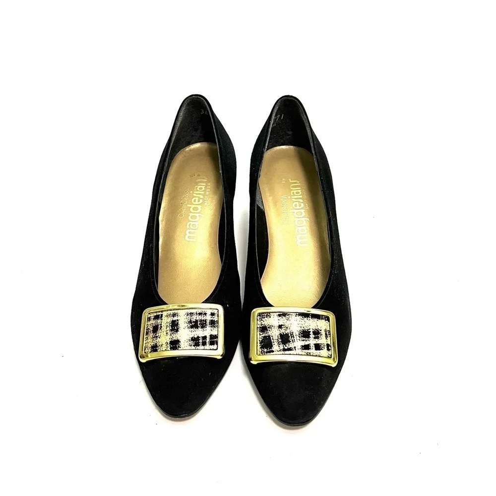 Vintage 1970s black suede oversize buckle gold painted wedge heels